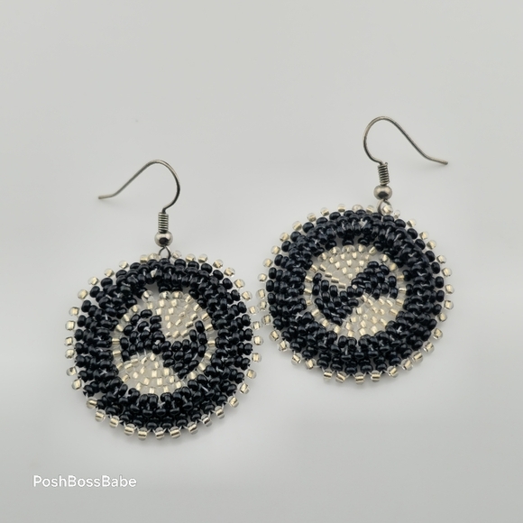 Handmade Black & Silver Beaded Earrings – 1.25" Diameter - Picture 9 of 15
